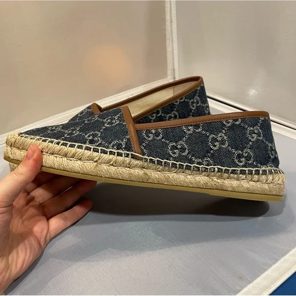 EUC Gucci Sz IT 39.5/US 8.5 GG Blue Denim Leather Espadrilles Flats Shoes Auth! - Picture 4 of 11